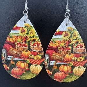 3/$25 Thankful Truck Pumpkins Sunflowers Teardrop Dangle Tear Drop Earrings